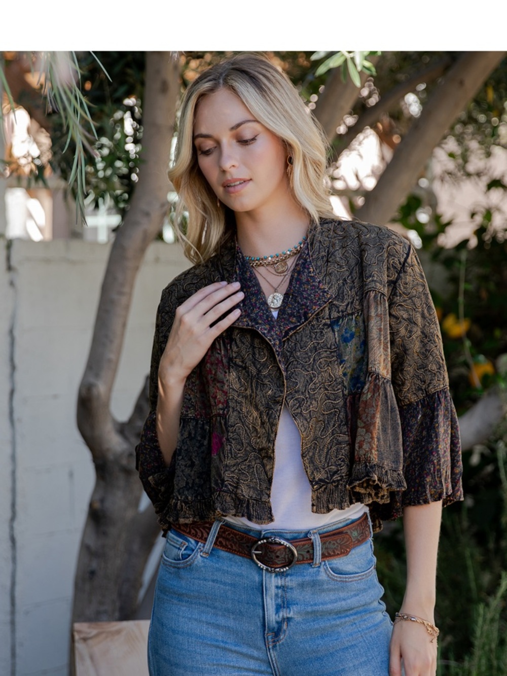 Bohemian Printed Cropped Jacket - Olive Multi